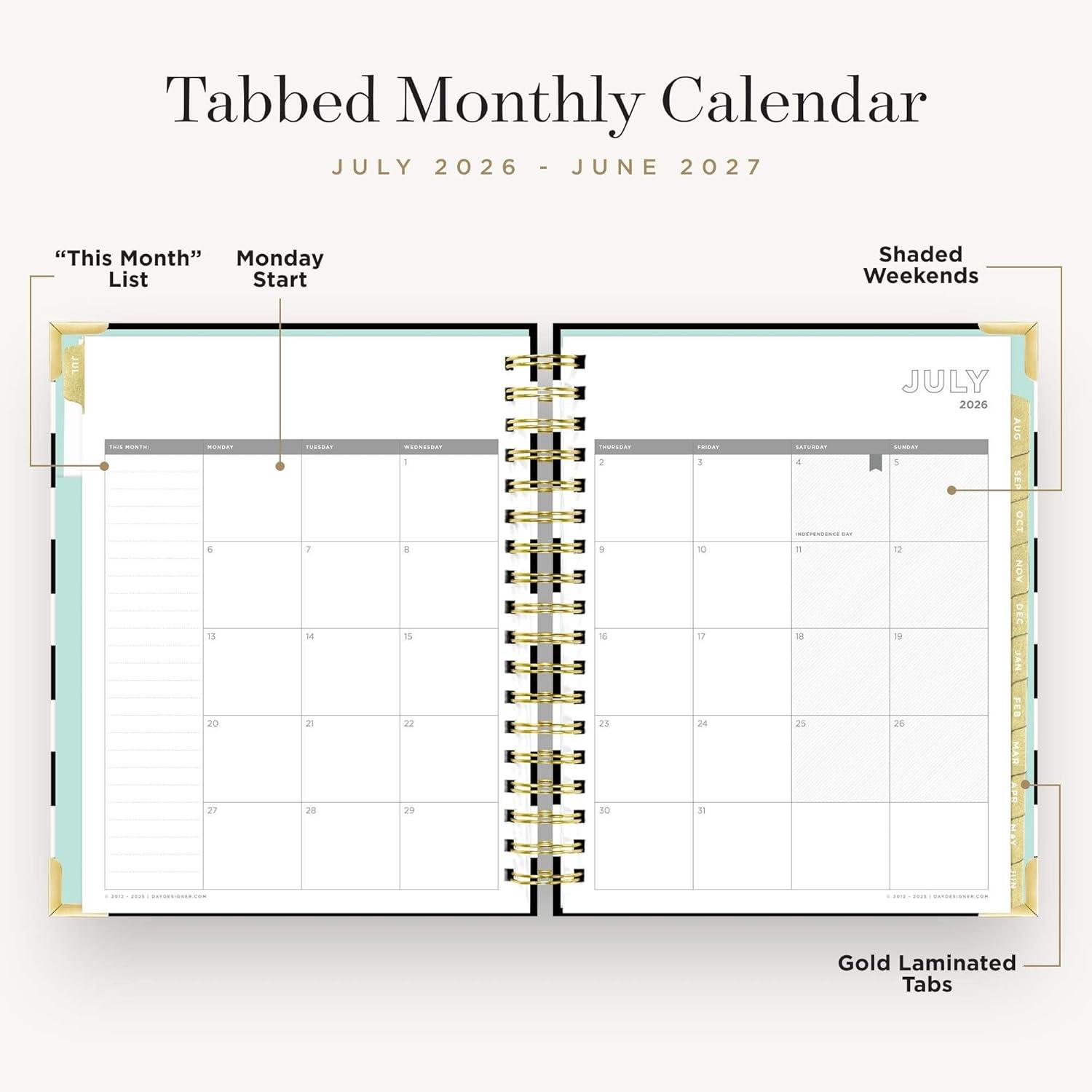 image:imageDay Designer 20262027 Weekly Academic Year Planner Calendar July 2026 June 2027 74 x 95 Glossy Laminated Cover Wirebound Laminated Tabs Storage Pocket Includes Stickers amp SnapIn Ruler Black StripeBlack Stripe 202627