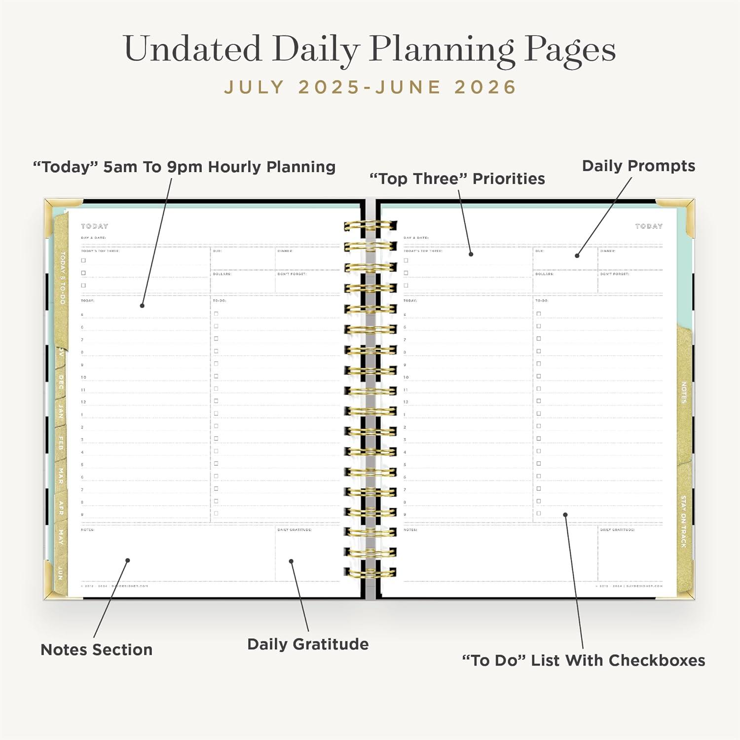 image:imageDay Designer 20262027 Weekly Academic Year Planner Calendar July 2026 June 2027 74 x 95 Glossy Laminated Cover Wirebound Laminated Tabs Storage Pocket Includes Stickers amp SnapIn Ruler Black StripeBlack Stripe 20252026
