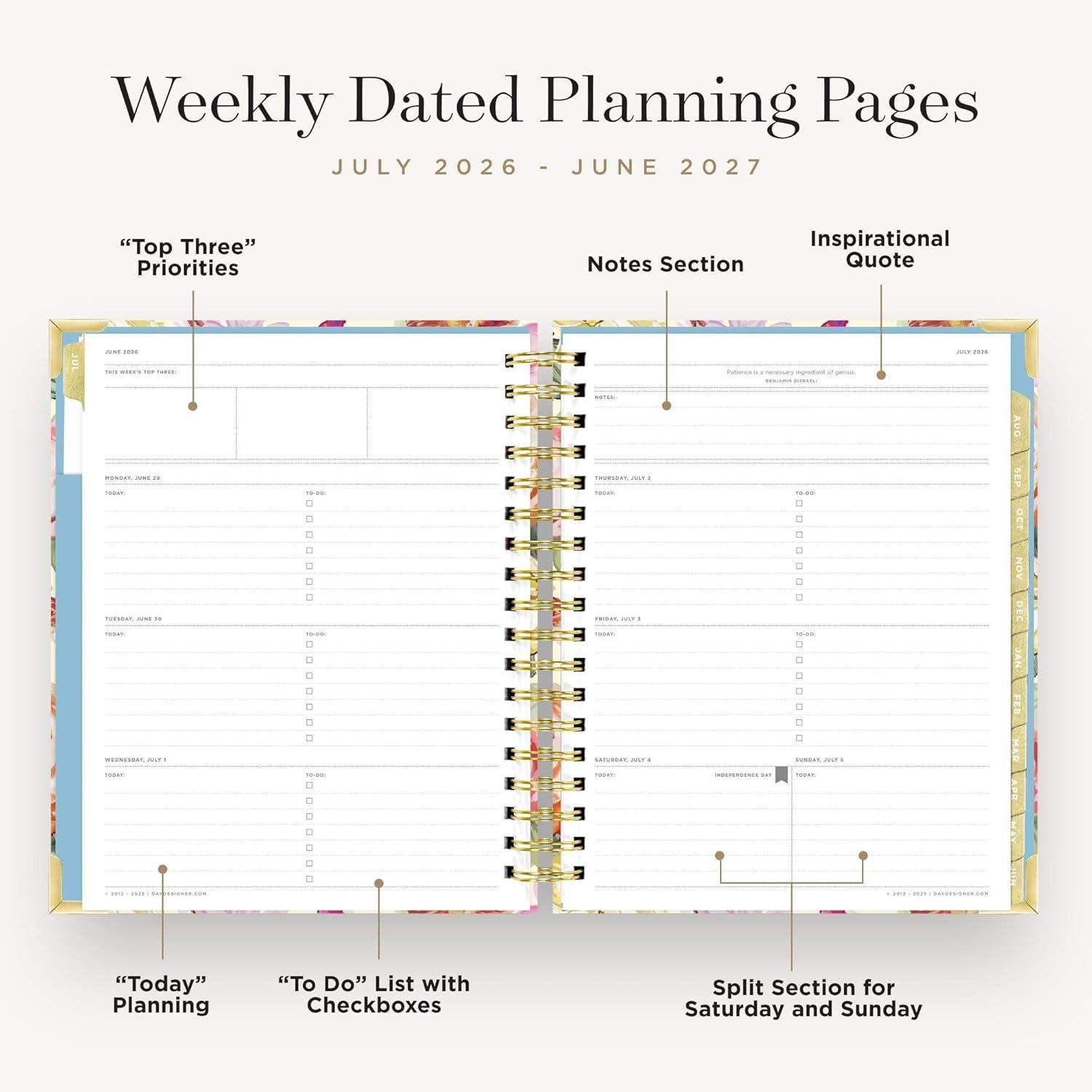 image:imageDay Designer 20262027 Weekly Academic Year Planner Calendar July 2026 June 2027 74 x 95 Glossy Laminated Cover Wirebound Laminated Tabs Storage Pocket Includes Stickers amp SnapIn Ruler Oh So LovelyOh So Lovely 20262027