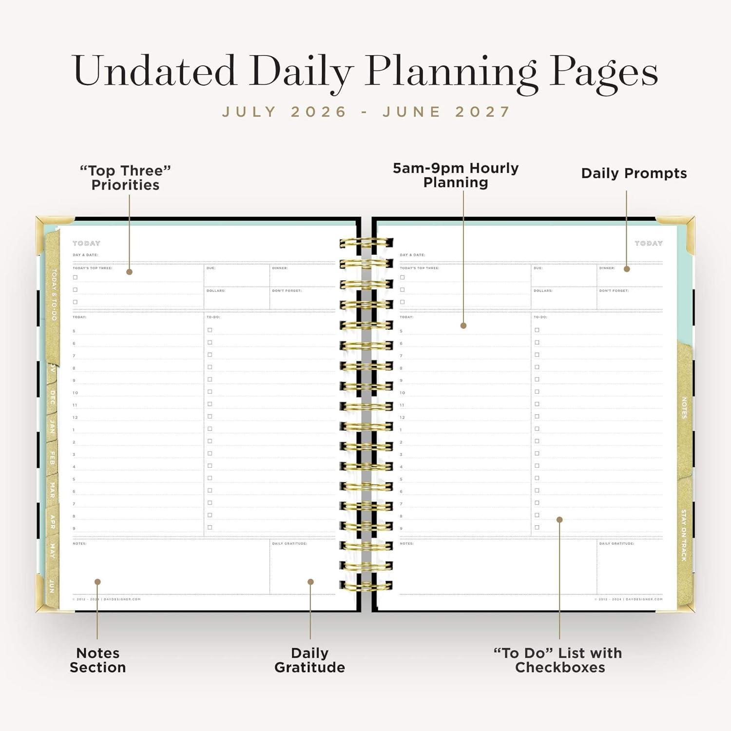 image:imageDay Designer 20262027 Weekly Academic Year Planner Calendar July 2026 June 2027 74 x 95 Glossy Laminated Cover Wirebound Laminated Tabs Storage Pocket Includes Stickers amp SnapIn Ruler Black StripeBlack Stripe 202627