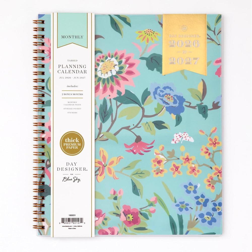 image:imageBlue Sky Day Designer 20262027 Monthly Academic Year Planner Calendar July 2026 June 2027 8 x 10 Monthly Layout Flexible Cover Wirebound Laminated Tabs Climbing Floral MintClimbing Floral Mint 20262027