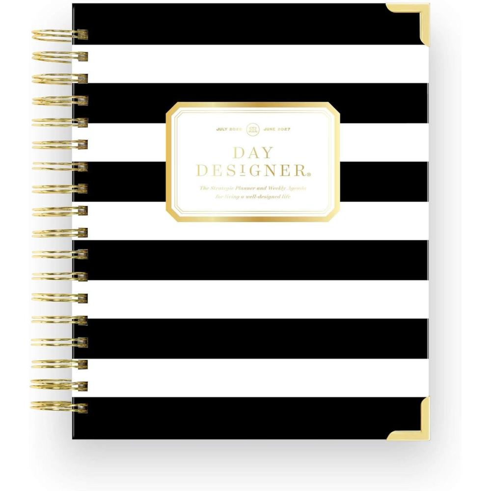 image:imageDay Designer 20262027 Weekly Academic Year Planner Calendar July 2026 June 2027 74 x 95 Glossy Laminated Cover Wirebound Laminated Tabs Storage Pocket Includes Stickers amp SnapIn Ruler Black StripeBlack Stripe 202627